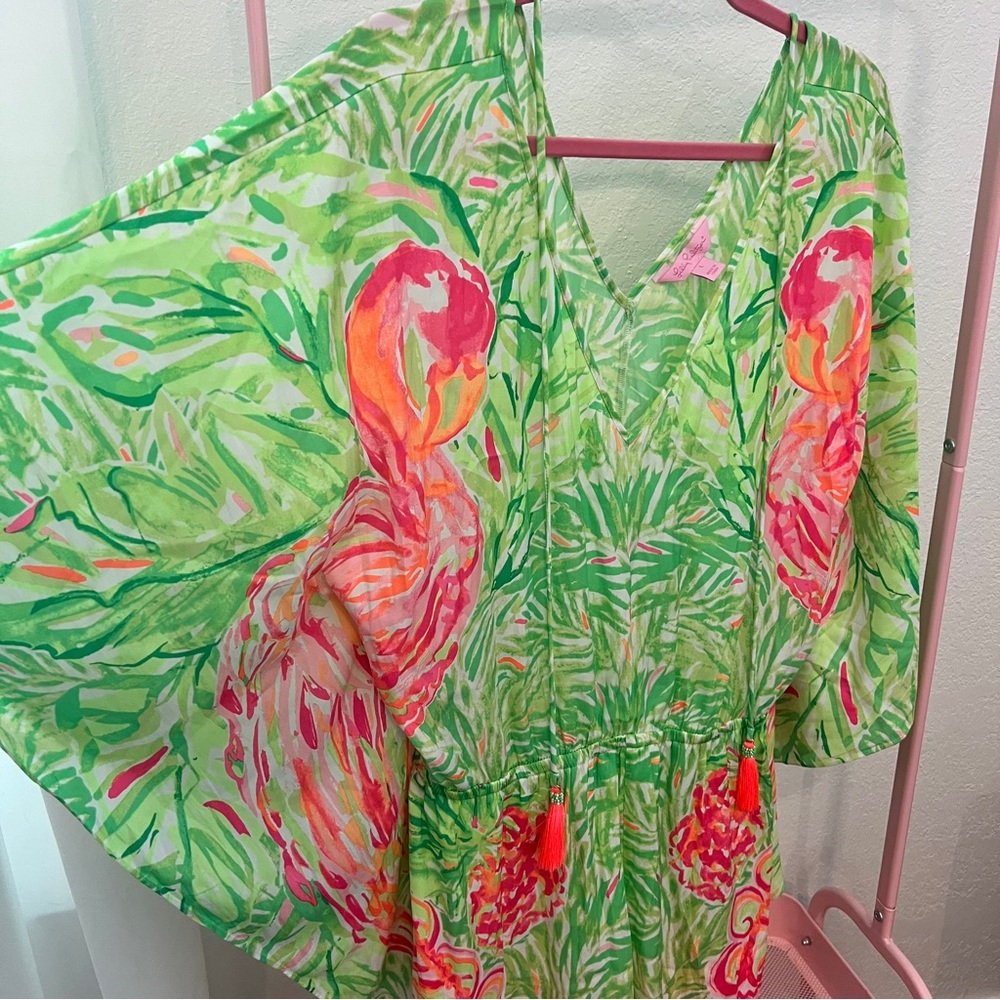 RARE Lilly Pulitzer Mai Romper Flamingo Size Large Pink Green